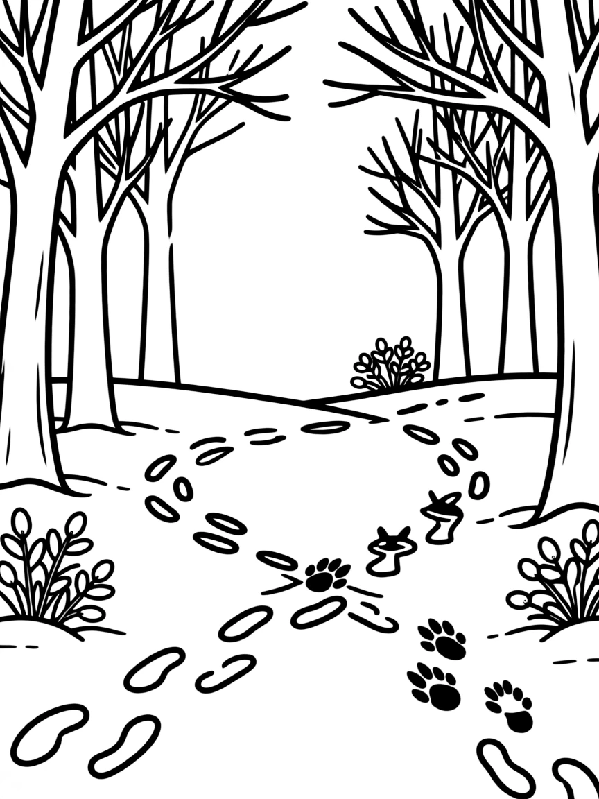 Winter wildlife tracks crossing through a forest clearing