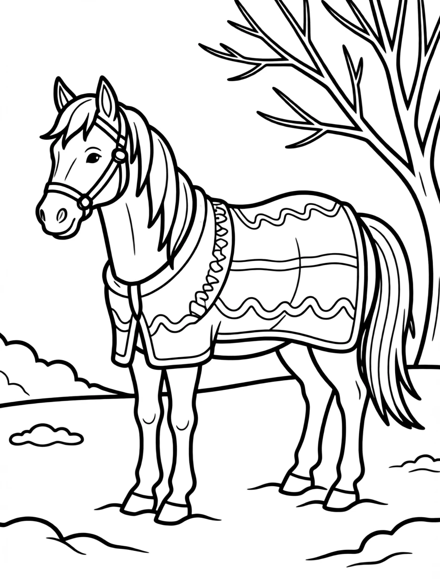 A horse with a winter blanket in a snowy pasture