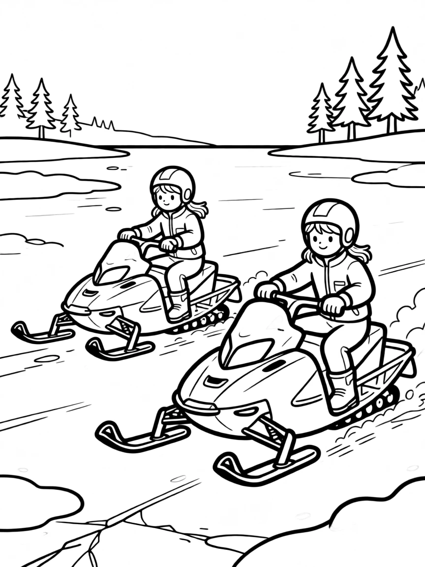 Snowmobiles racing across a frozen lake