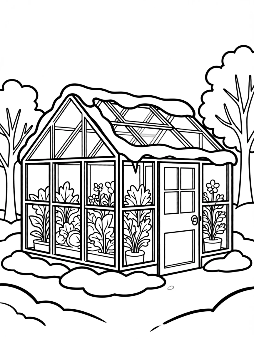 A snow-covered greenhouse with plants visible inside