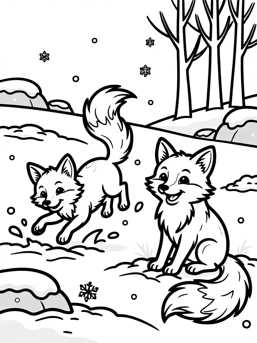 Arctic foxes playing in freshly fallen snow