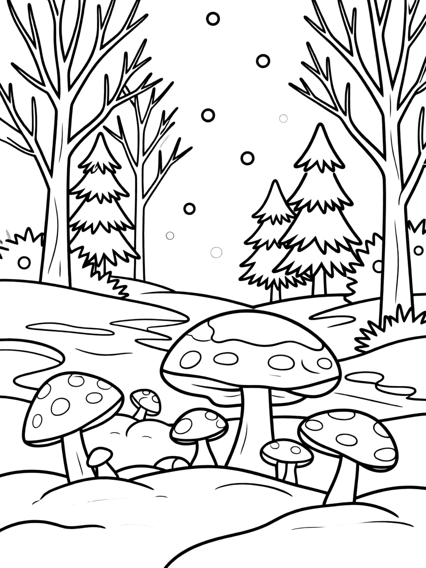 A woodland winter scene with mushrooms pushing through snow