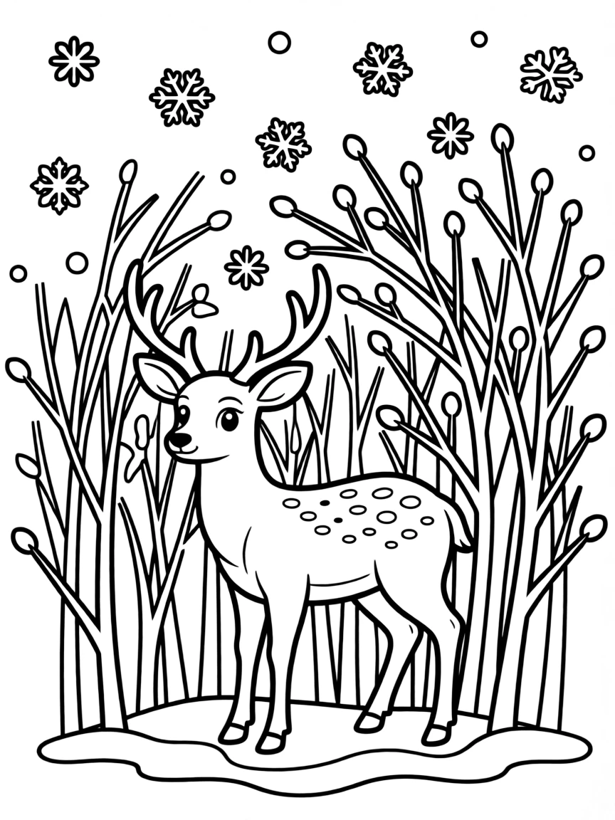 Deer seeking shelter in a thicket during snowfall