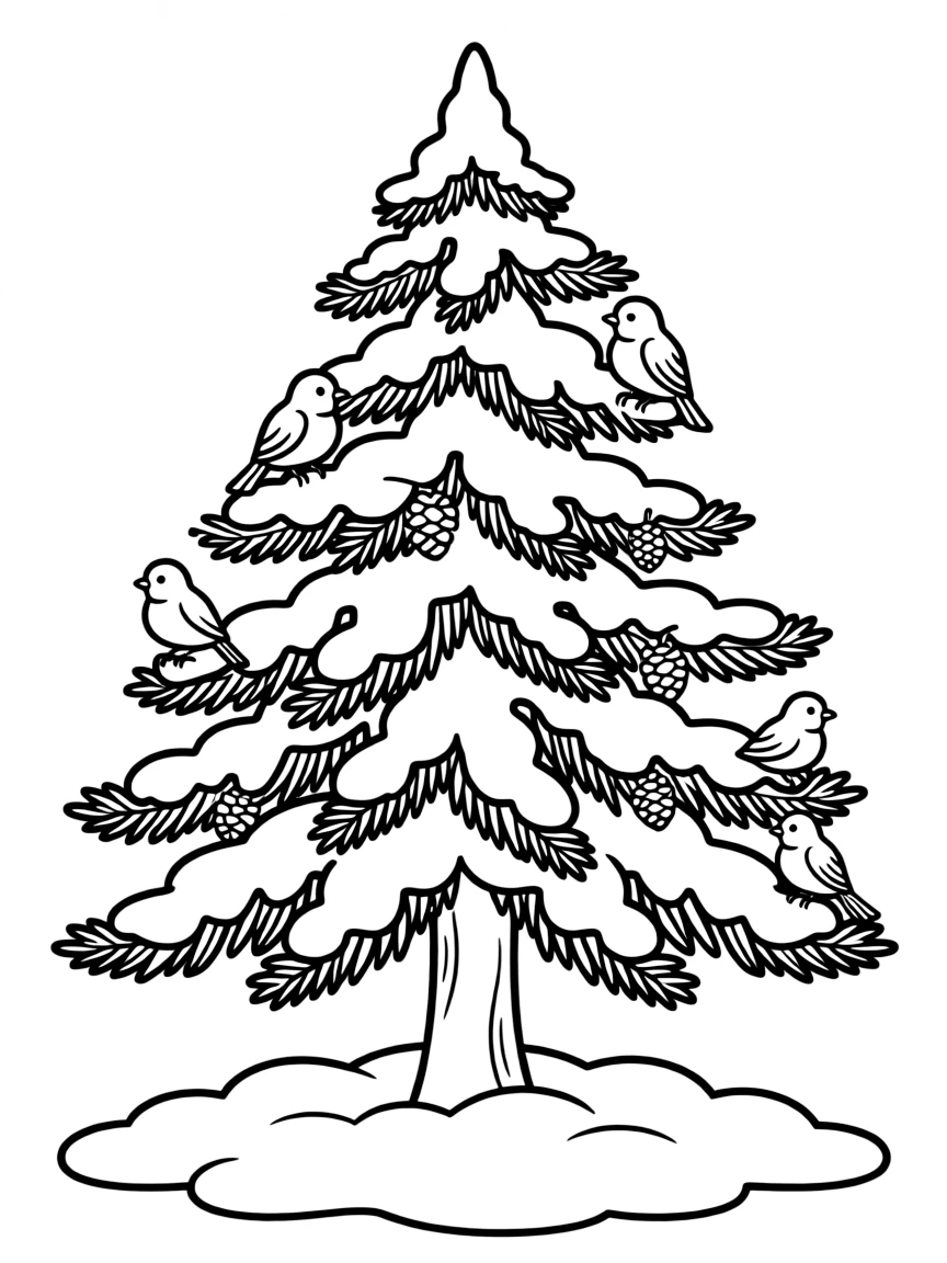 Winter birds roosting in a snow-covered pine tree