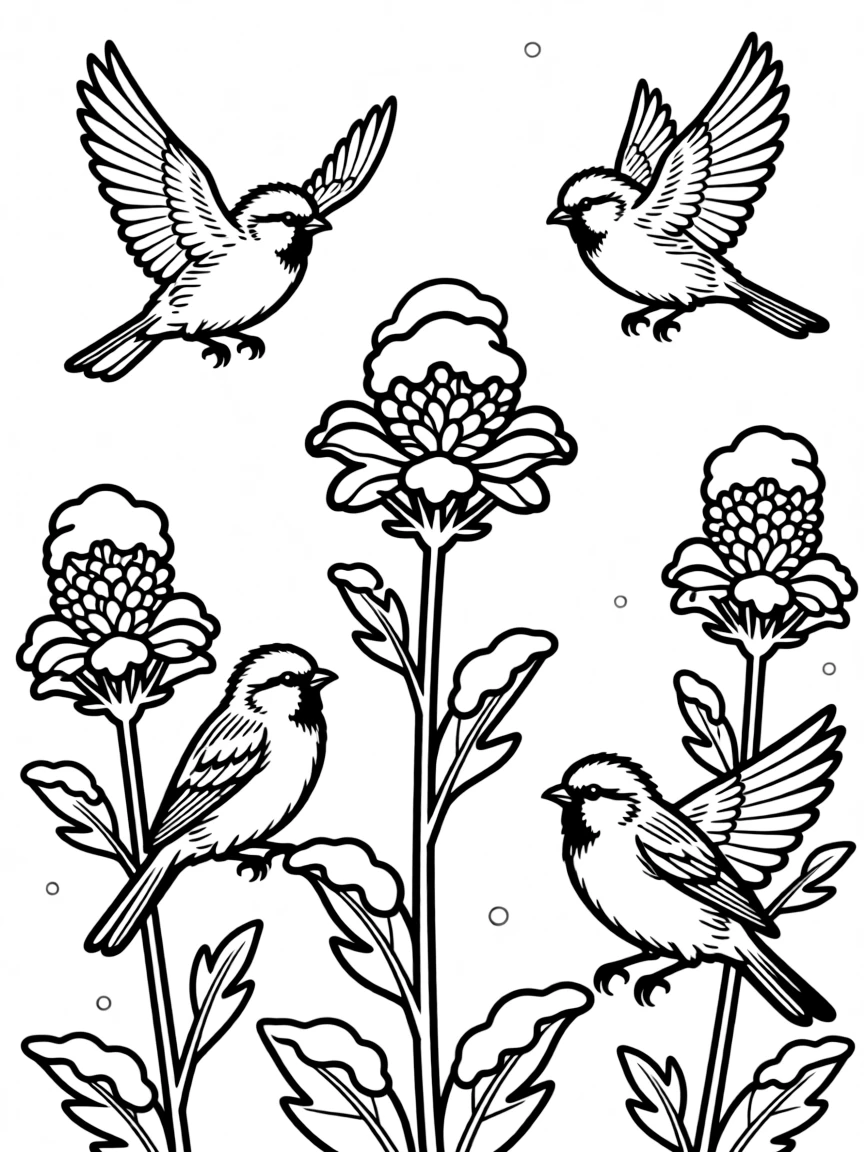 Snow buntings fluttering around snow-covered wildflower stalks