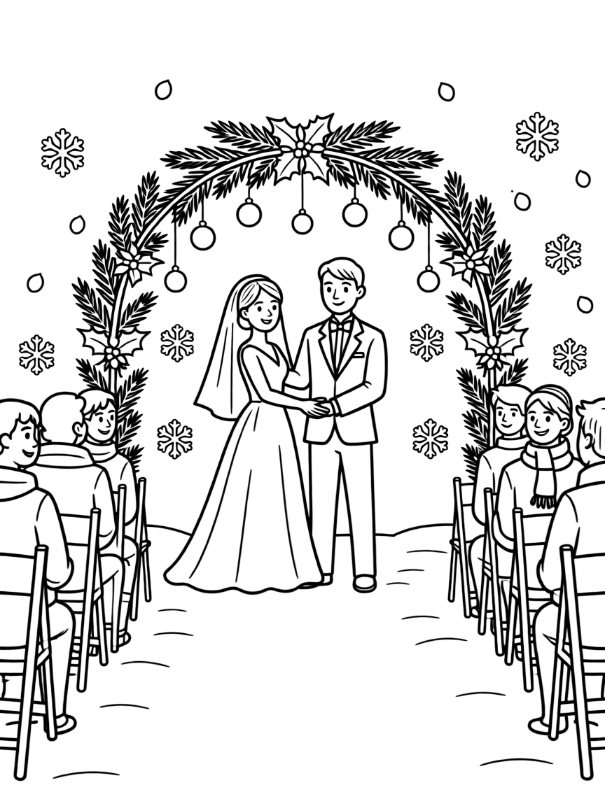 A winter wedding scene with decorated arch and seating