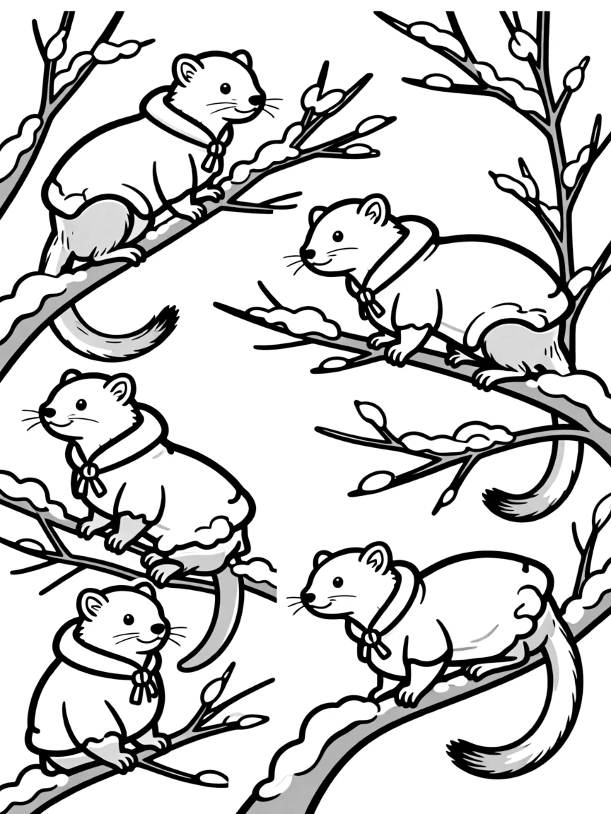 Ermine in their white winter coats among snowy branches