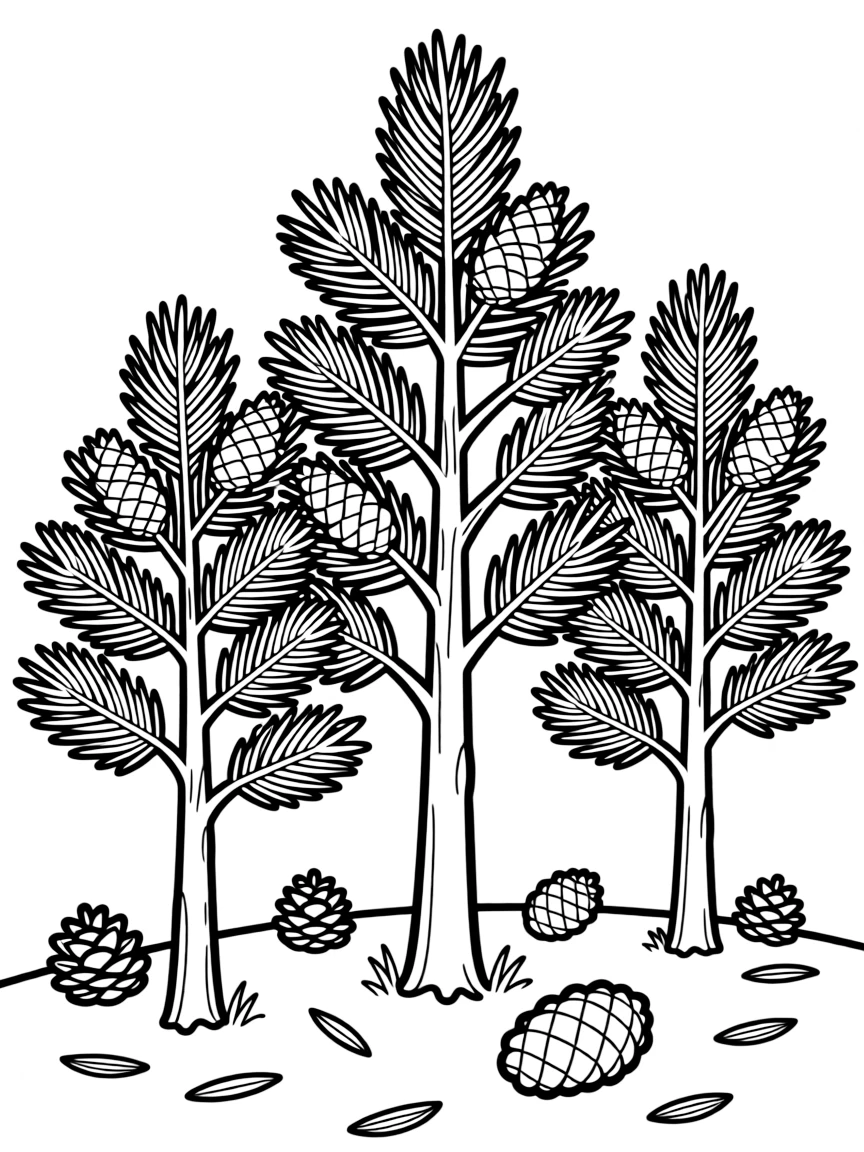 Winter conifers with detailed needles and cone structures