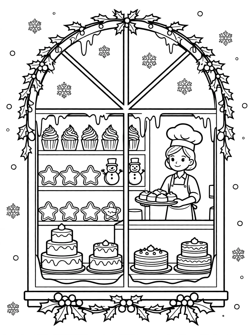 A busy winter bakery window with decorated treats