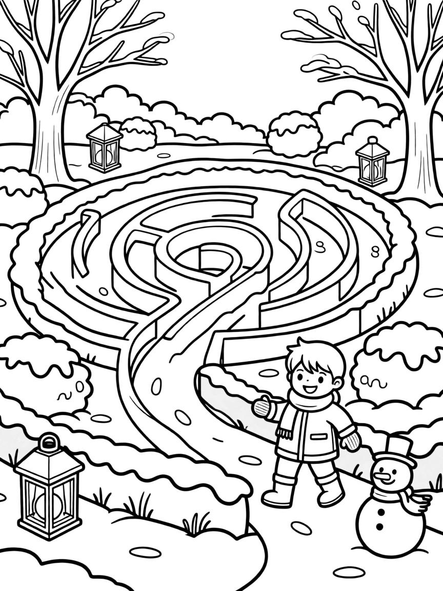 A winter labyrinth path through snow-covered gardens