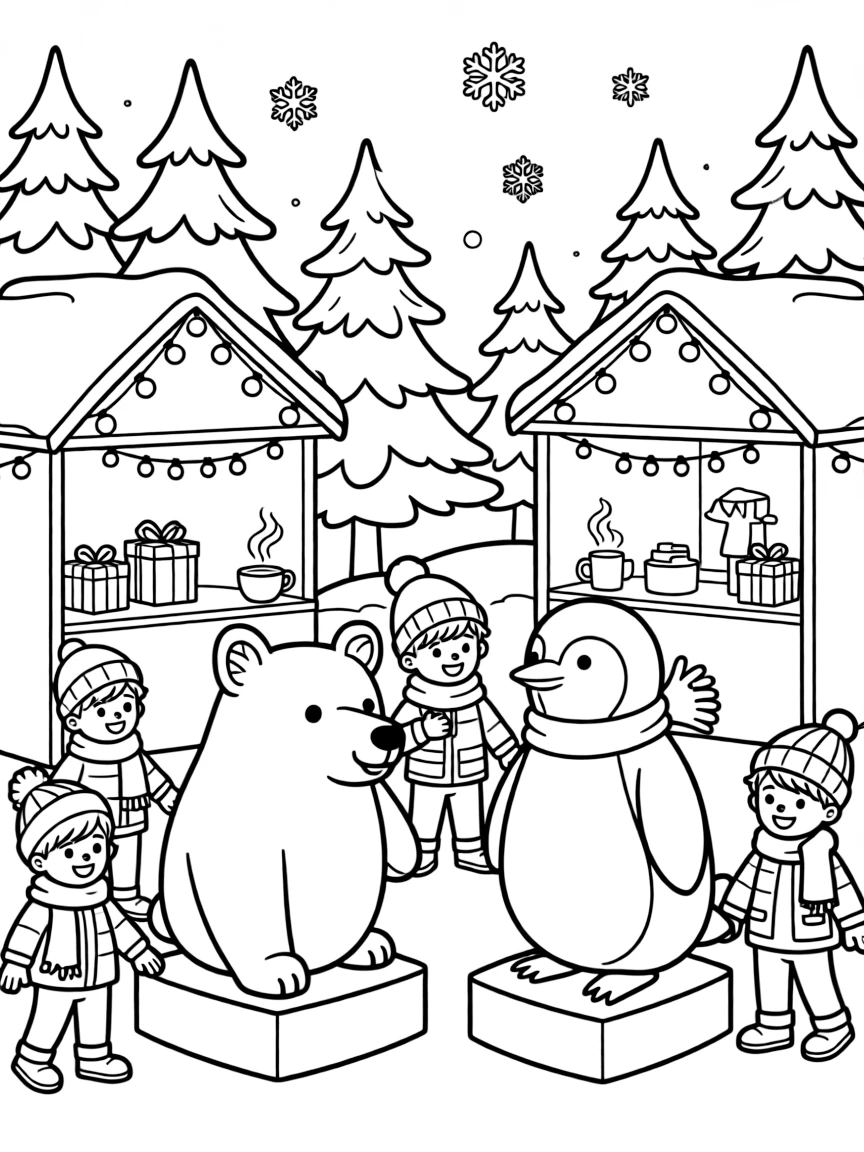 A winter festival with ice sculptures and decorated booths