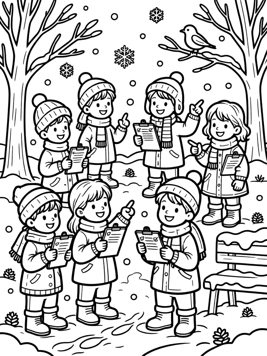 Children on a winter scavenger hunt with checklists