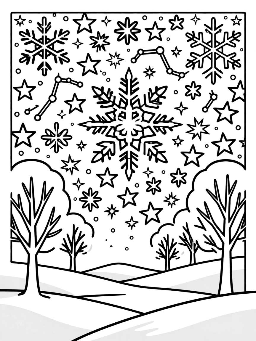 Winter star patterns viewed from a snowy clearing