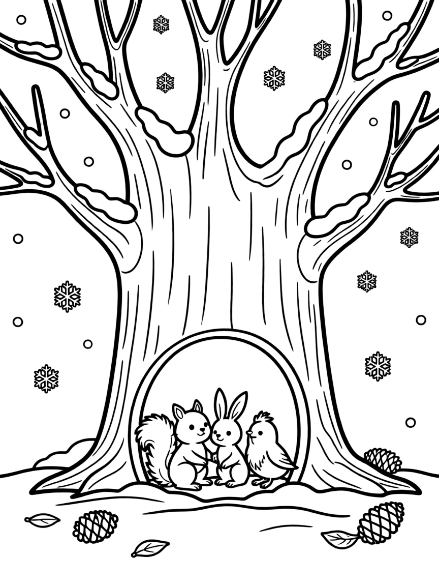 A wintry tree hollow providing shelter for small animals