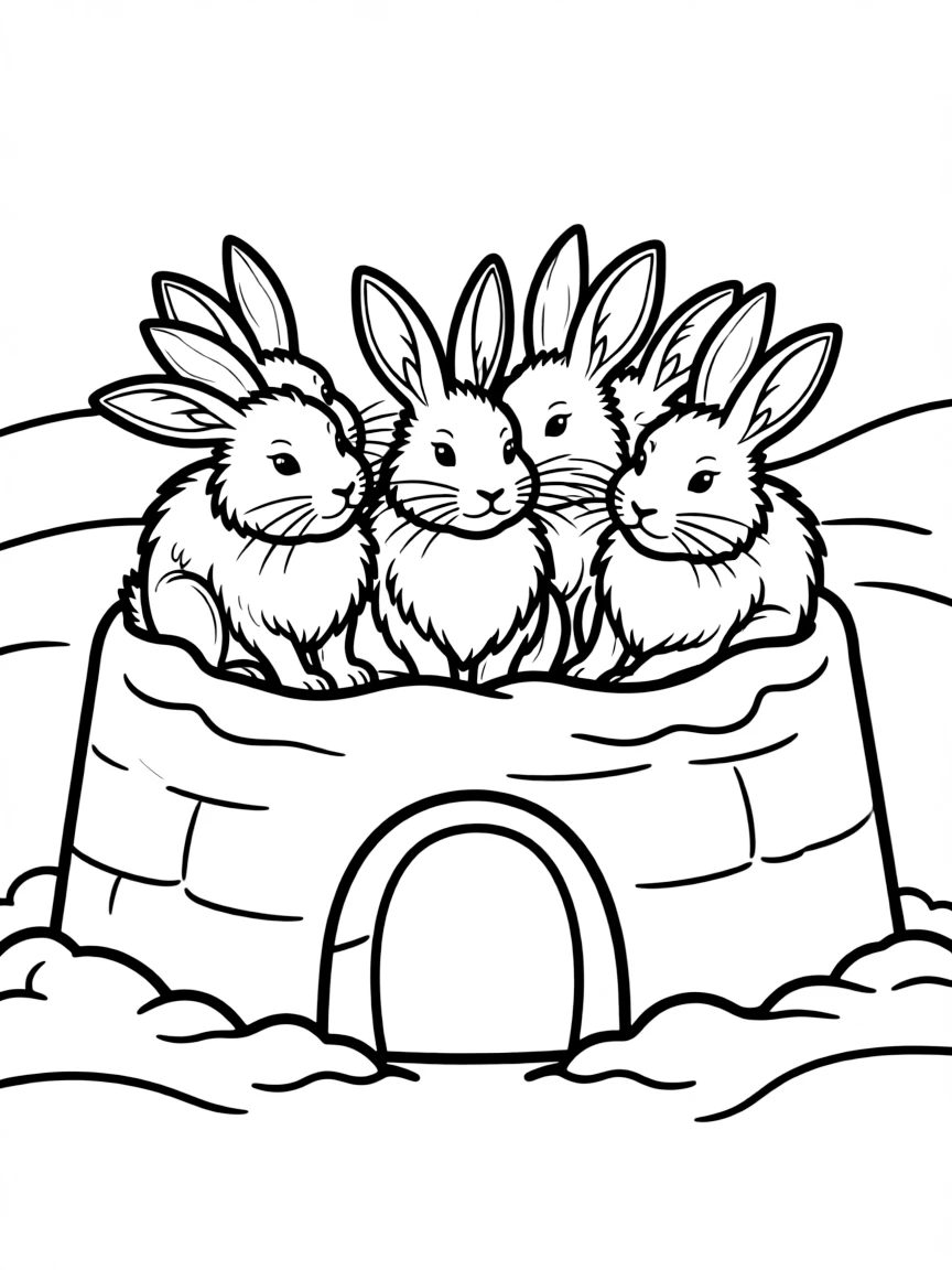 Arctic hares huddled together in a snowy burrow