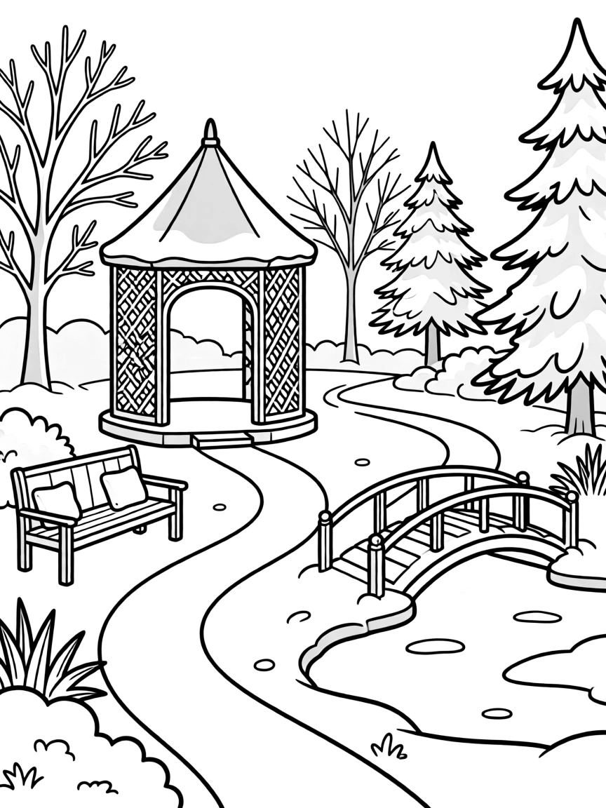 A winter garden with structures and paths visible under snow