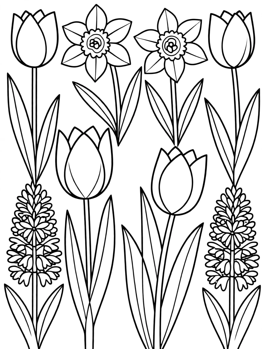 A garden with tulips, daffodils, and hyacinths in various patterns