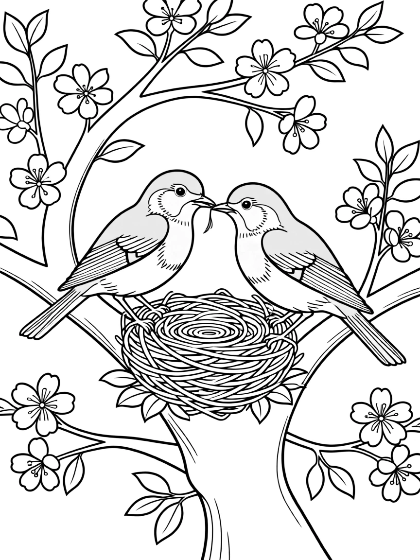 Robins building an intricate nest in a flowering tree