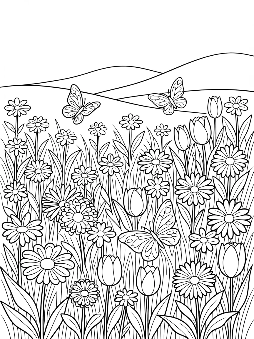 A detailed meadow scene with wildflowers and butterflies