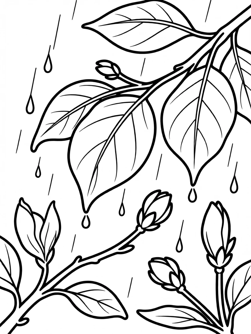 Spring rain falling on unfurling leaves and flower buds