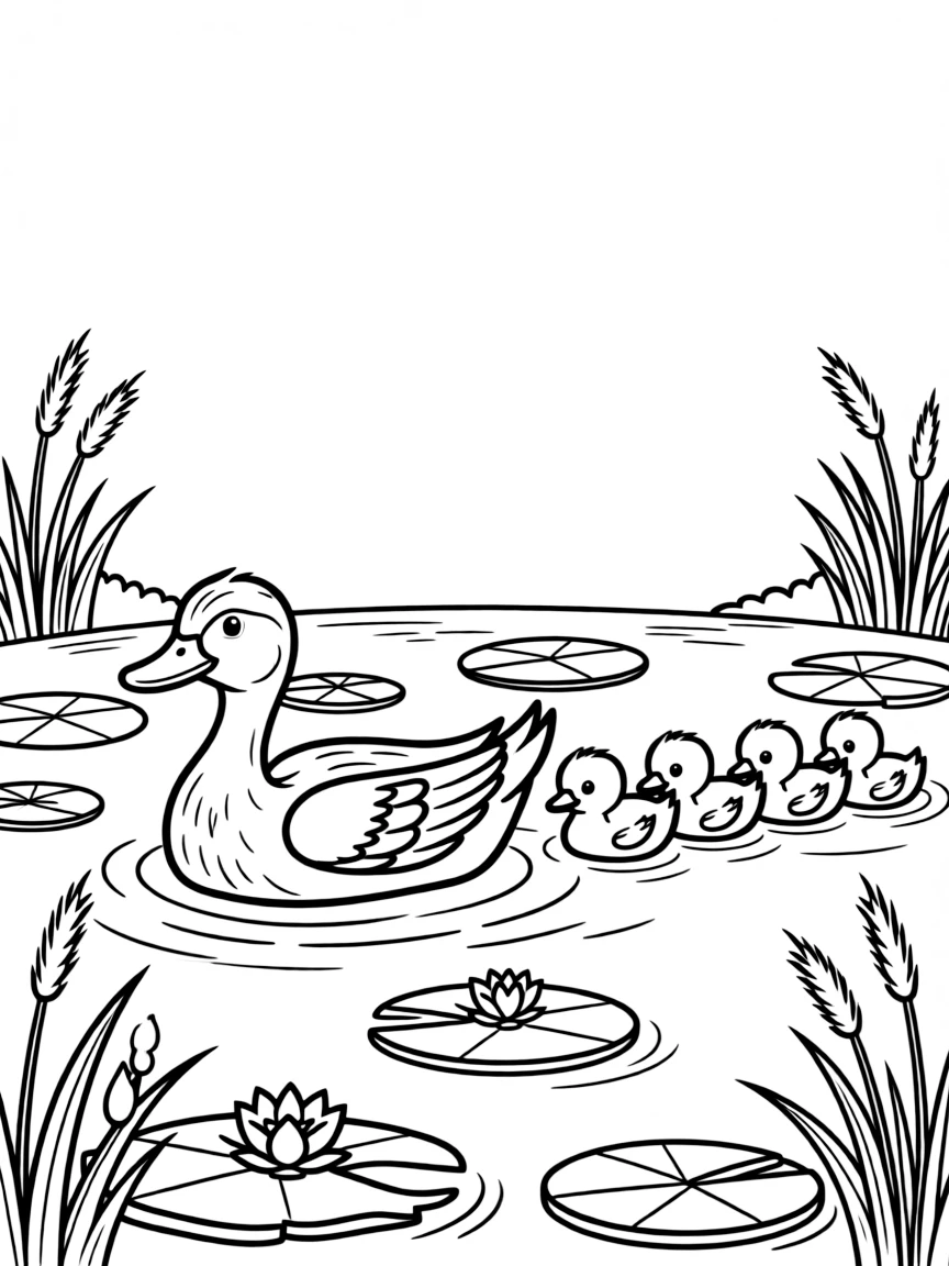 A pond with ducklings following their mother through lily pads