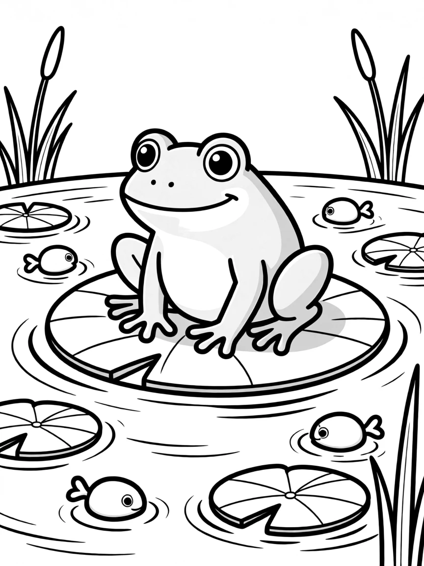 A frog sitting on a lily pad surrounded by tadpoles
