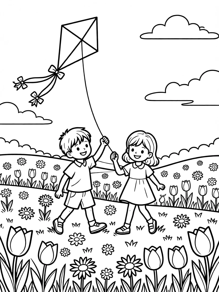 Children flying kites in a field of spring flowers