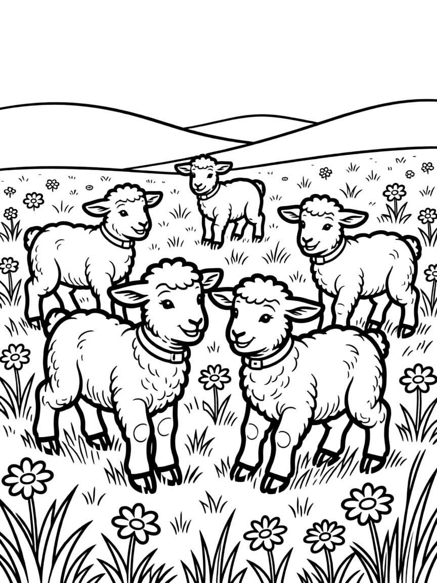 Spring lambs playing in a meadow with detailed fleece