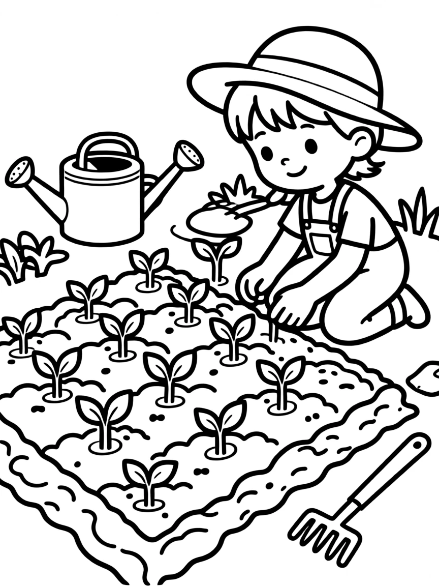 A vegetable garden with neat rows and sprouting seedlings