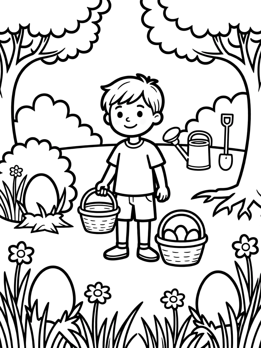 An Easter egg hunt in a garden with hidden eggs and baskets