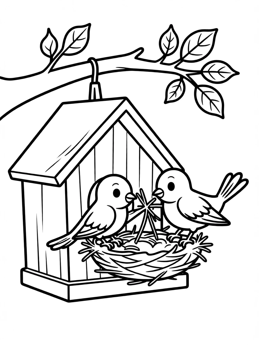 A bluebird pair building a nest in a birdhouse