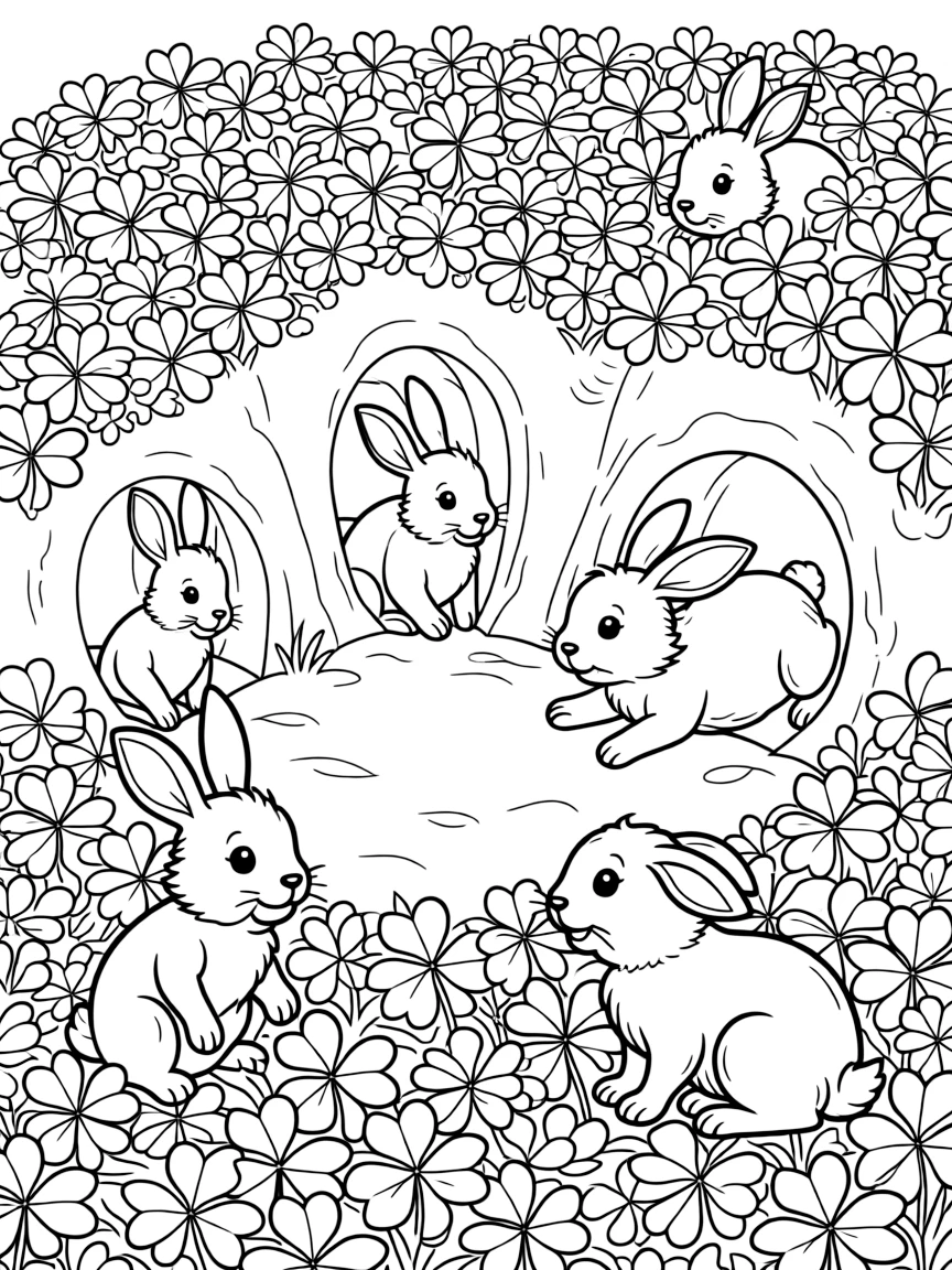 A rabbit warren with baby bunnies in a clover patch
