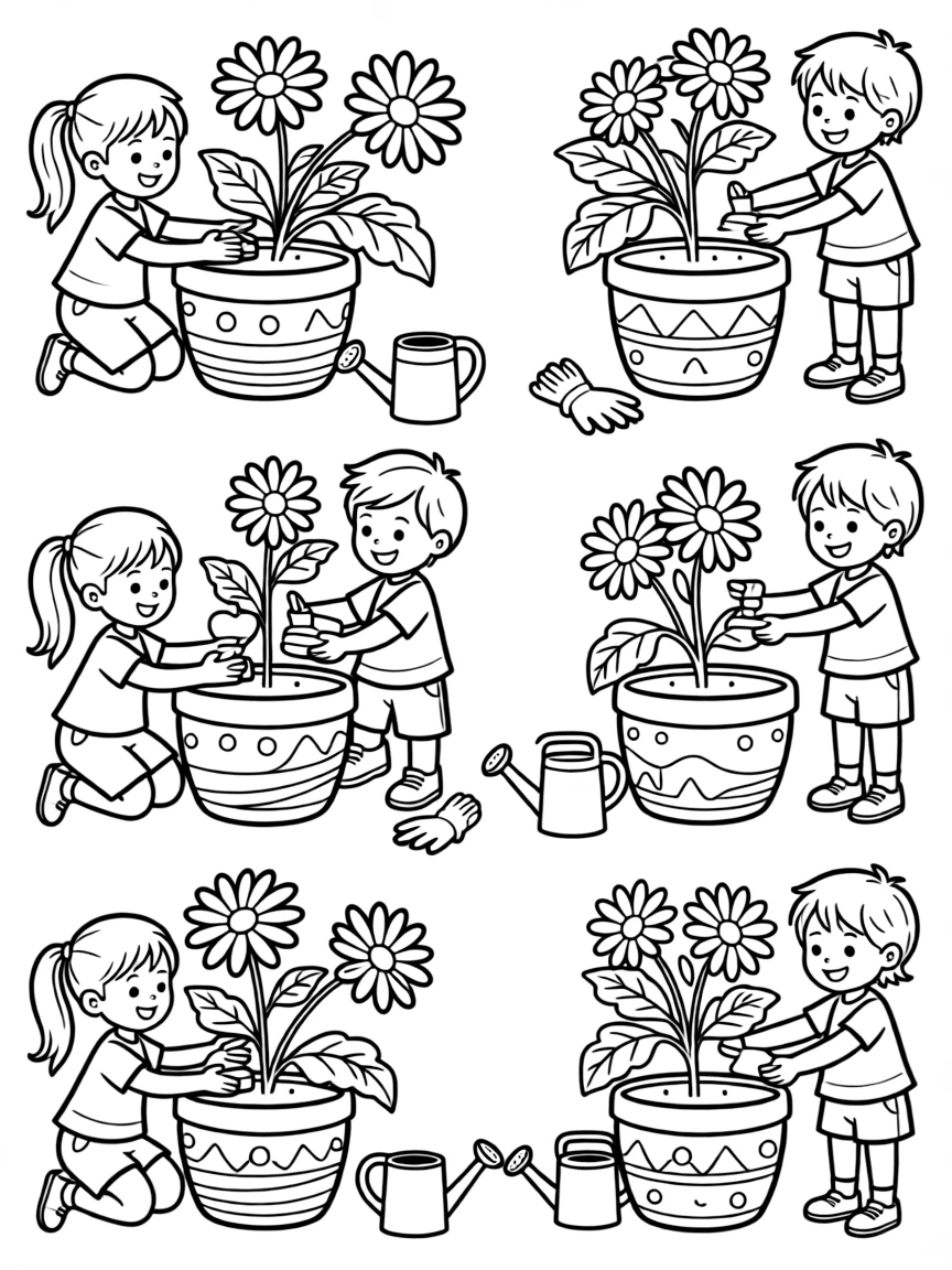 Children planting flowers in decorative garden pots