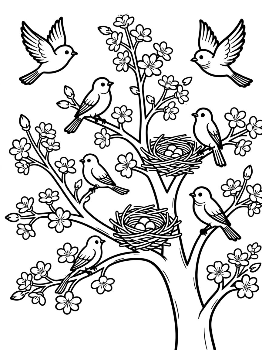Spring birds returning to build nests in a flowering tree