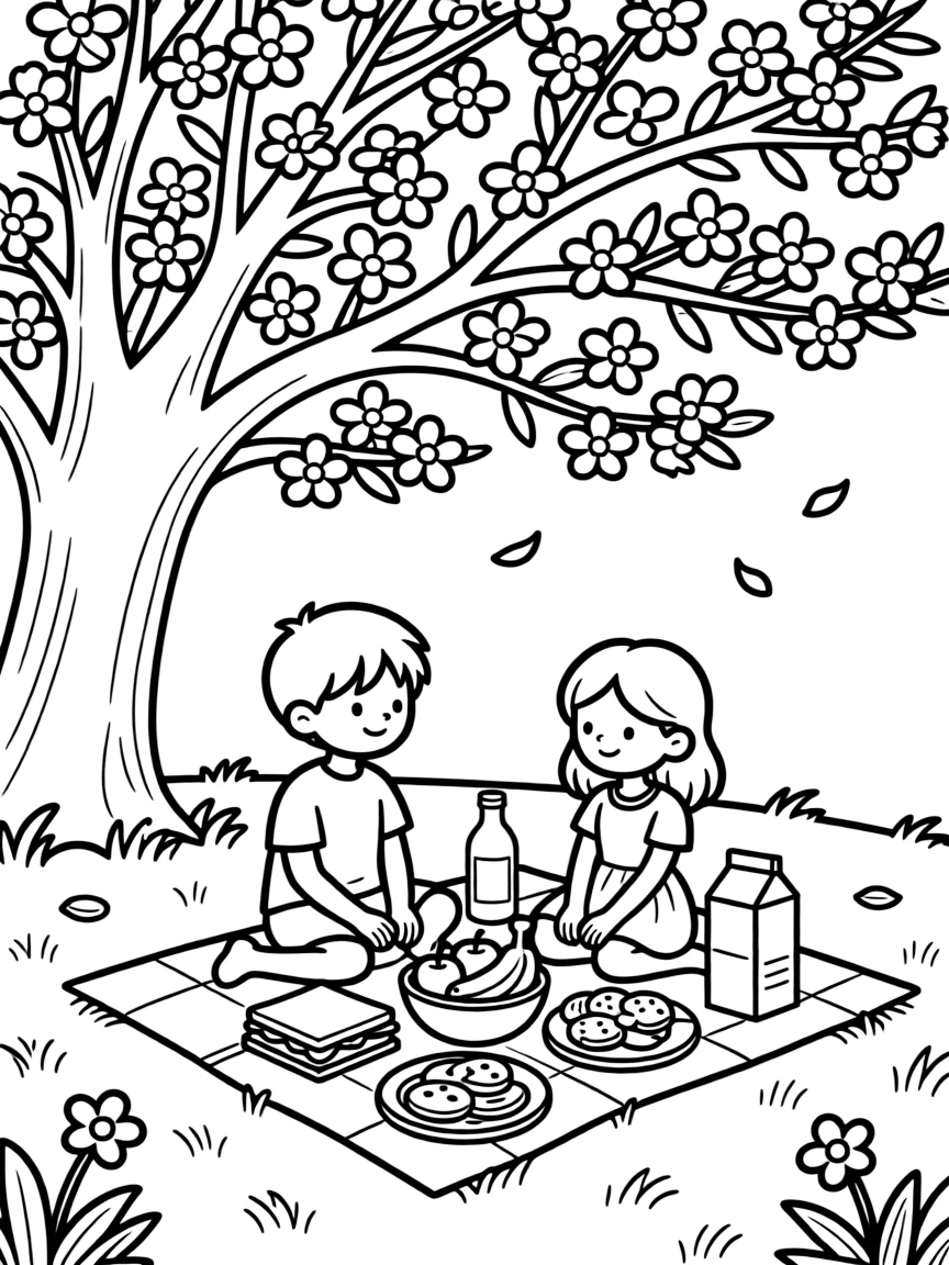 A spring picnic under a flowering tree with detailed food spread