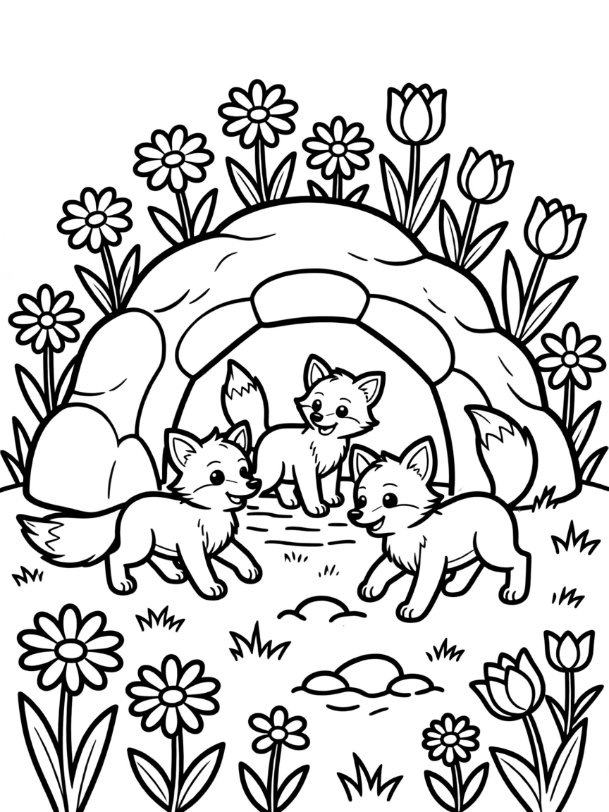 Baby foxes playing outside their den surrounded by wildflowers