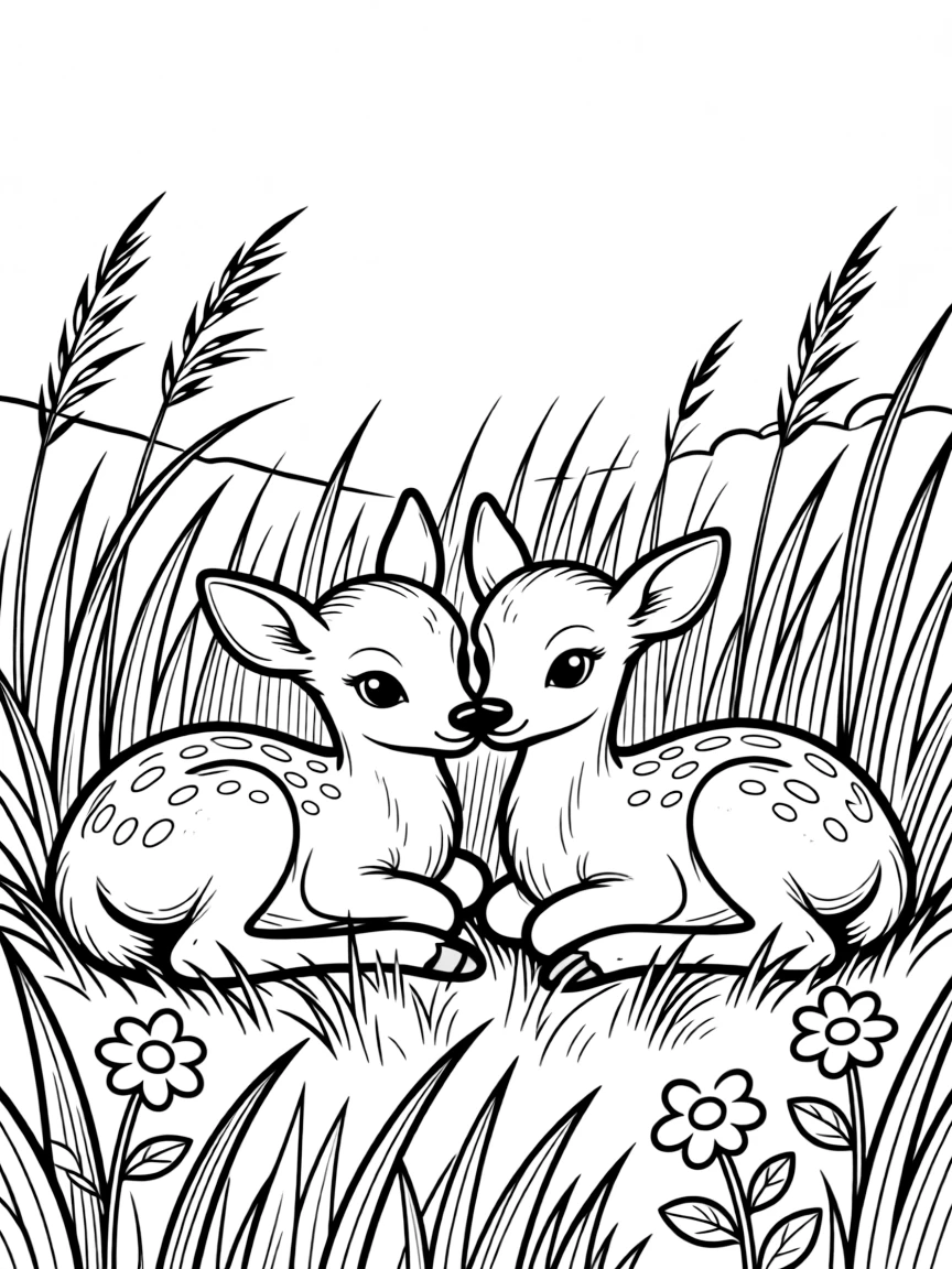 A meadow with newborn fawns resting in tall grass