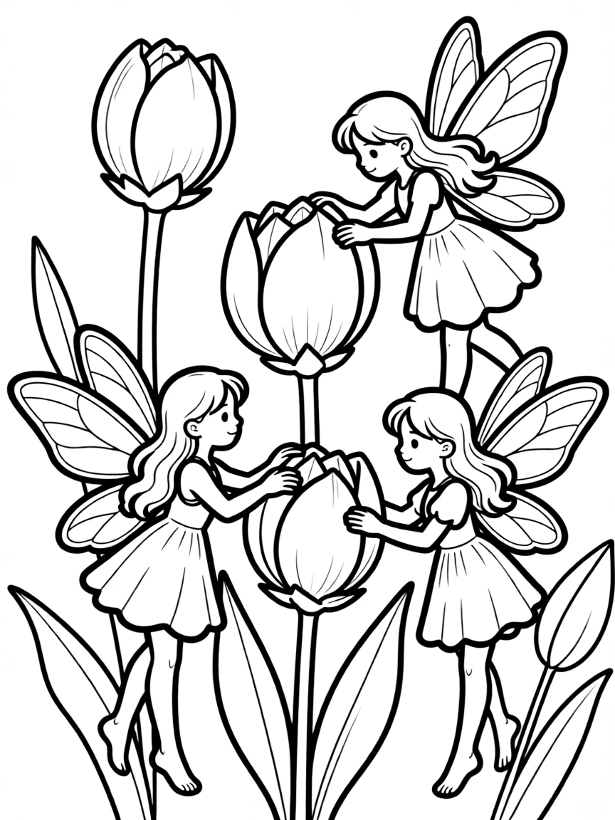 Spring fairies tending to opening flower buds
