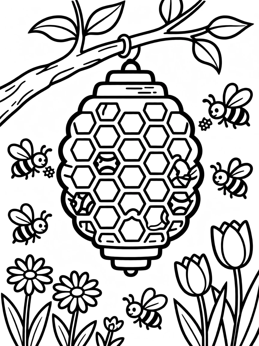 A detailed beehive with bees collecting spring nectar