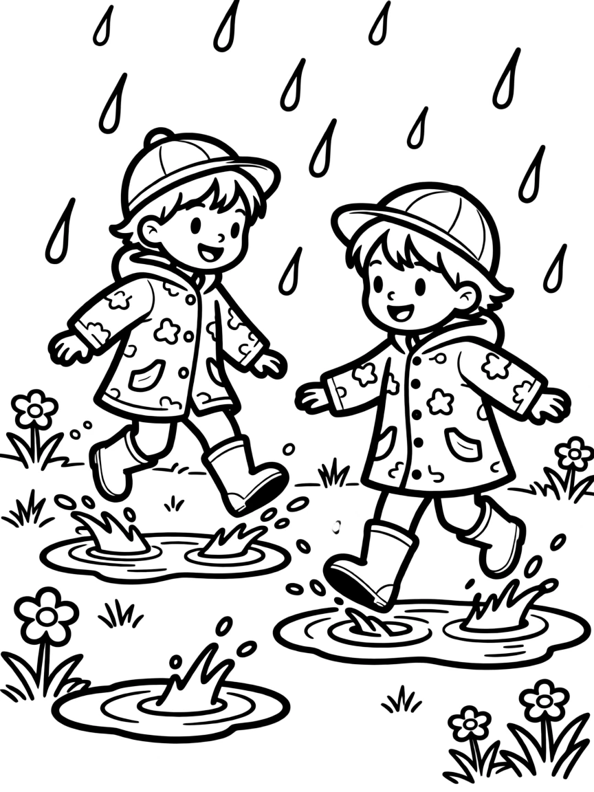 Children splashing in puddles after a spring rain