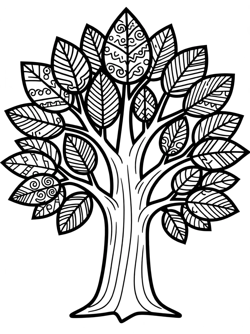 A tree with elaborate new leaf patterns and designs