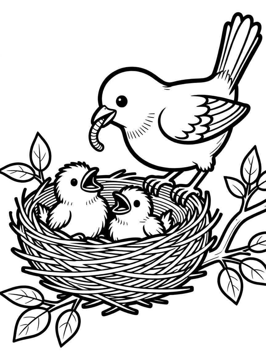 A mother bird feeding her nestlings in a detailed nest
