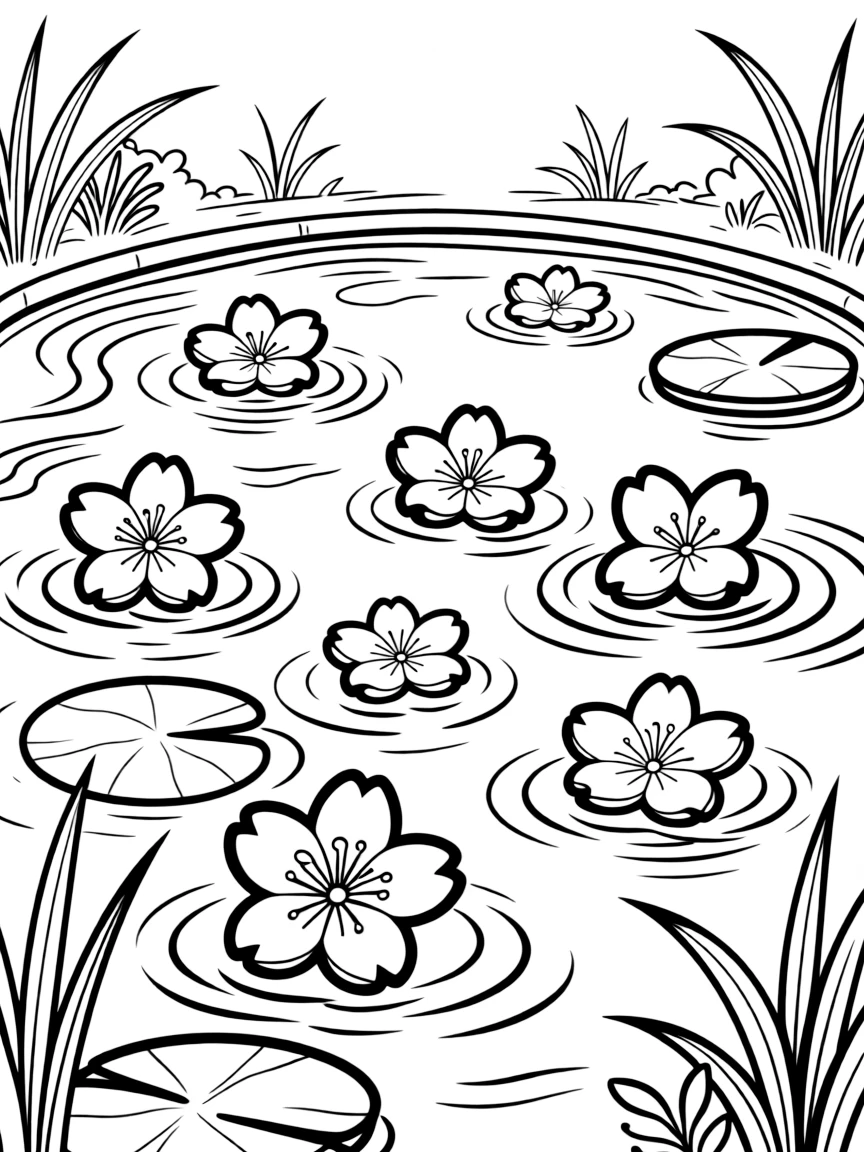 Cherry blossom petals floating on a pond surface