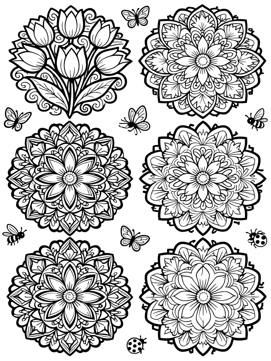 Detailed spring flower mandalas with intricate patterns