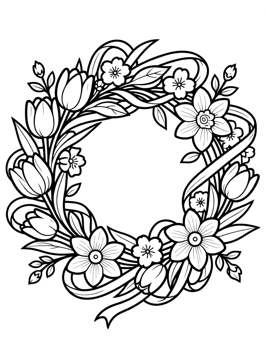 A spring welcome wreath with seasonal flowers and ribbons