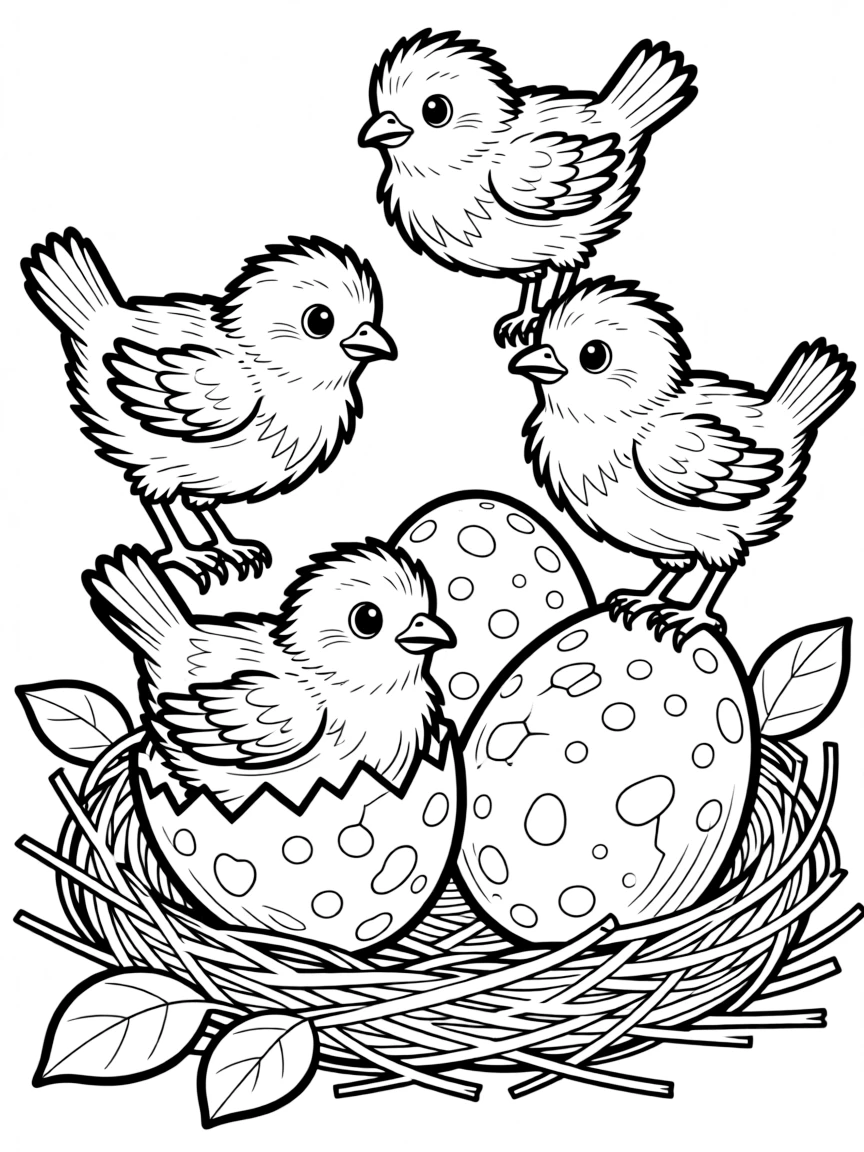 Baby birds hatching from detailed, speckled eggs