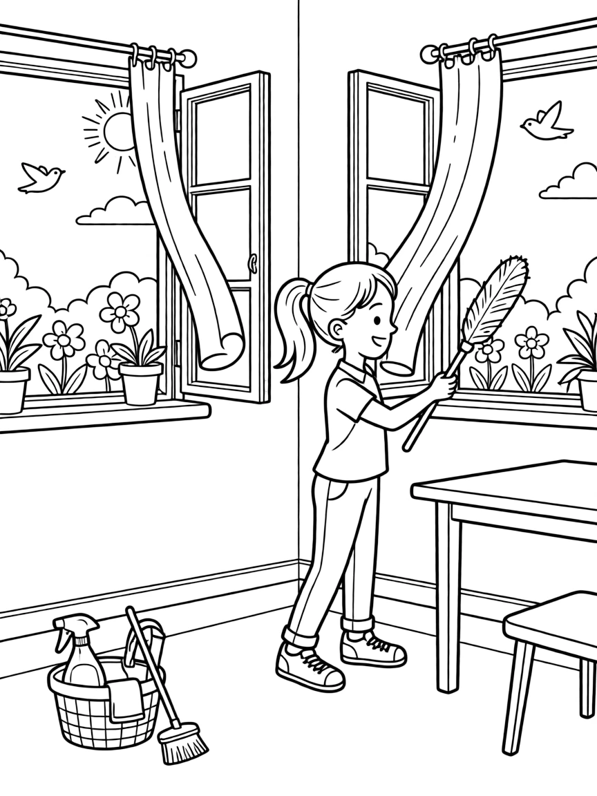 A spring cleaning scene with open windows and fresh air