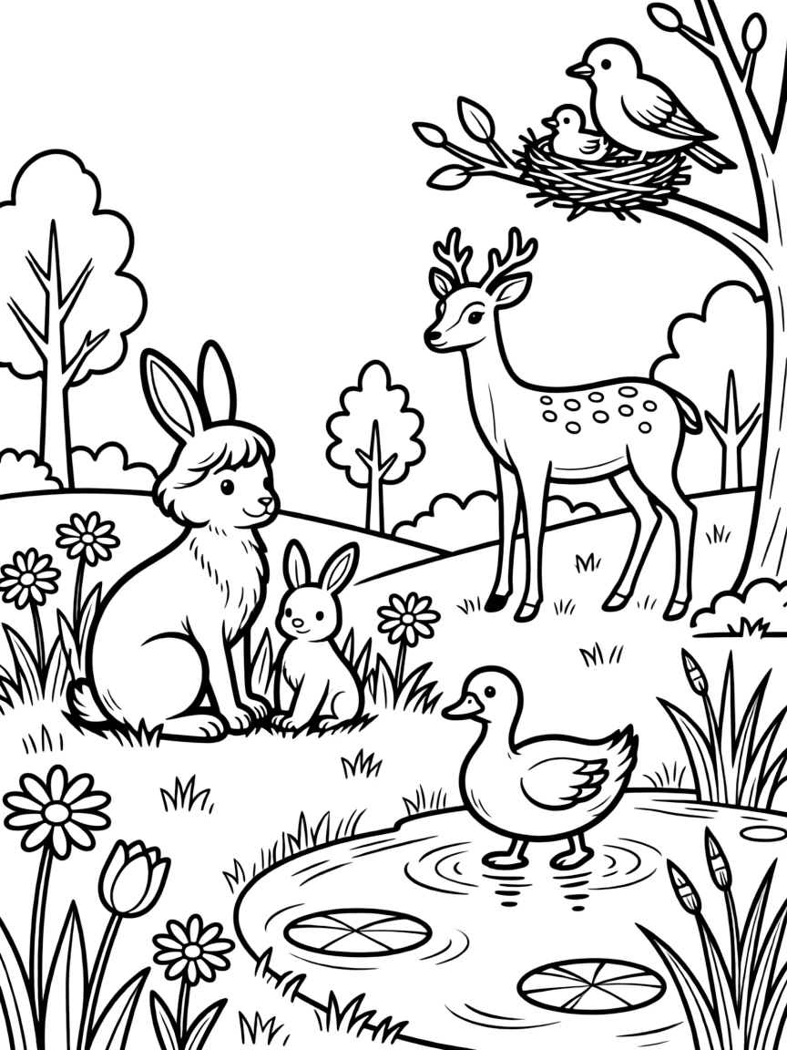 Mother and baby animals in various spring habitats