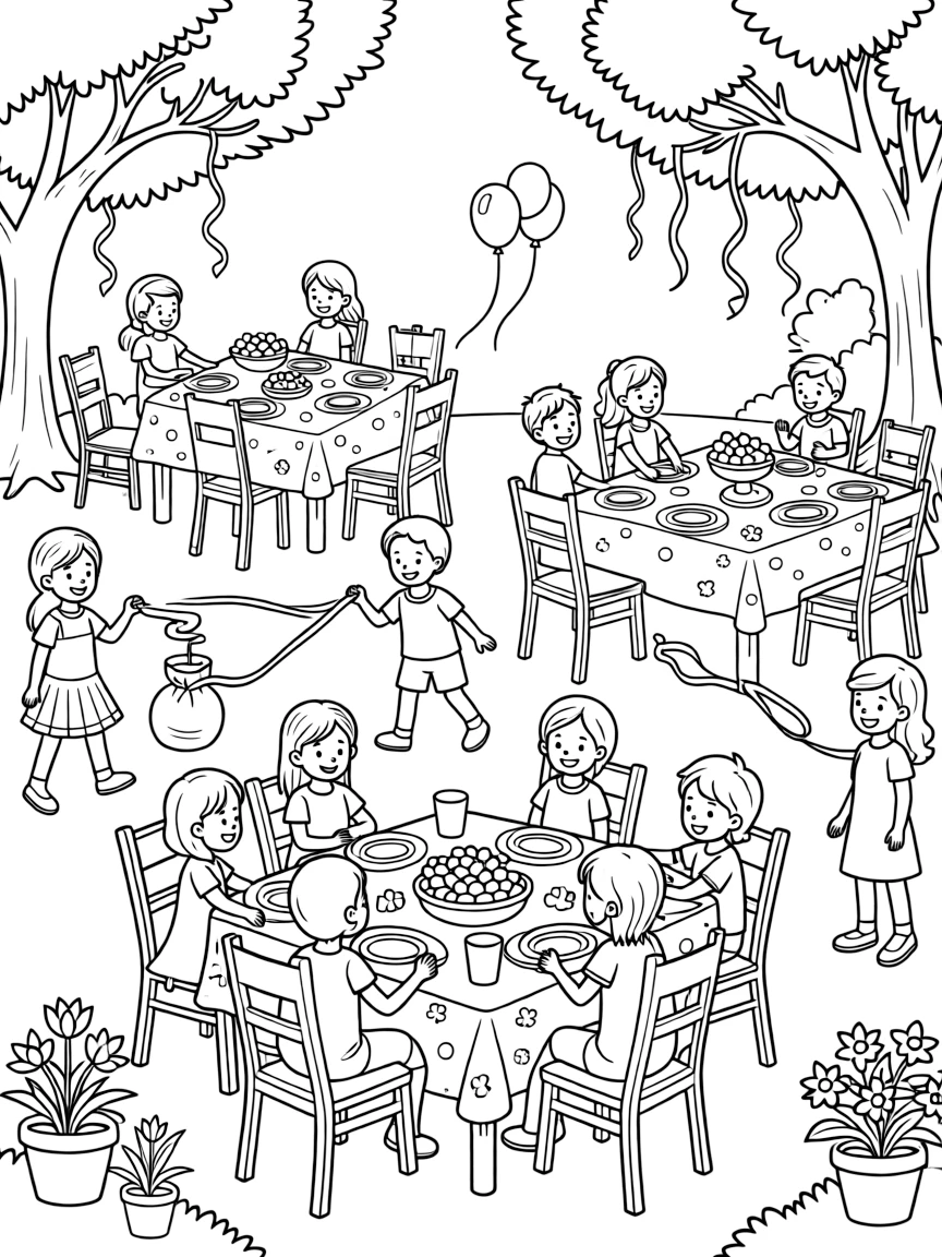 A spring garden party with decorated tables and activities