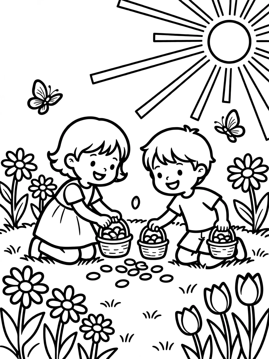 Children collecting flower petals for spring crafts